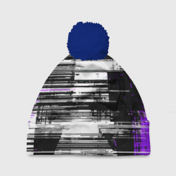 Шапка с помпоном Горизонтальные чёрные линии на бело-фиолетовом фон, цвет: 3D-тёмно-синий