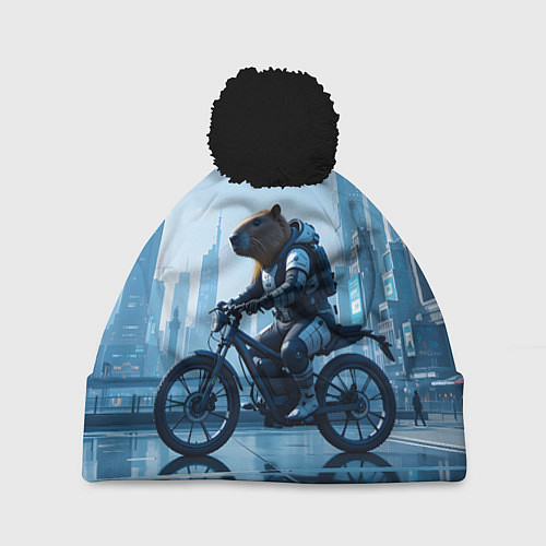 Шапка c помпоном Капибара мотоциклист / 3D-Черный – фото 1