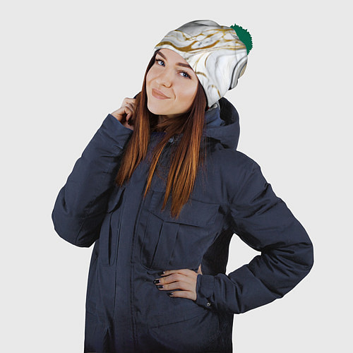 Шапка c помпоном Жёлто-белый мрамор / 3D-Зеленый – фото 2