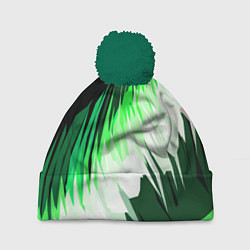 Шапка с помпоном Зелёно-белая абстракция на чёрном фоне, цвет: 3D-зеленый