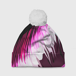 Шапка с помпоном Бело-розовые острые полосы на чёрном фоне, цвет: 3D-белый