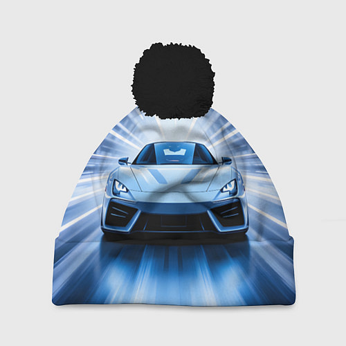 Шапка c помпоном Спорткар на скорости / 3D-Черный – фото 1
