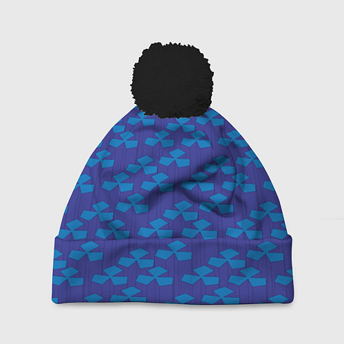Шапка c помпоном Геометрический узор из синих блоков / 3D-Черный – фото 1