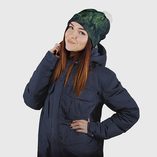 Шапка c помпоном Абстракция - green camouflage background / 3D-Белый – фото 2