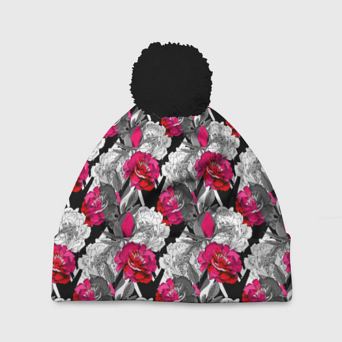 Шапка c помпоном Розы красные и черно-белые / 3D-Черный – фото 1
