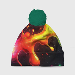 Шапка с помпоном Радужные кляксы на черном фоне, цвет: 3D-зеленый