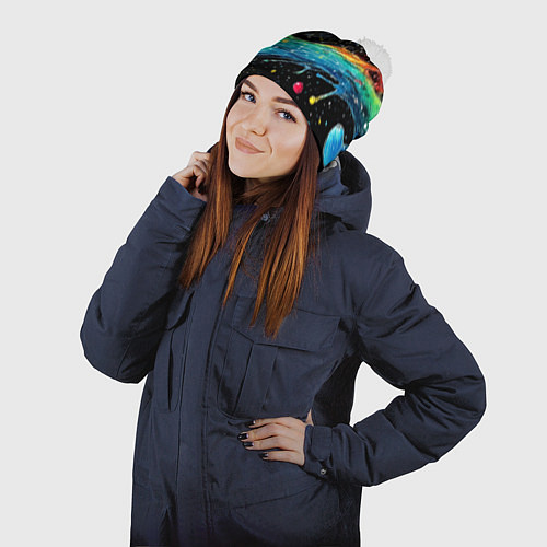 Шапка c помпоном Брызги радужной краской / 3D-Белый – фото 2