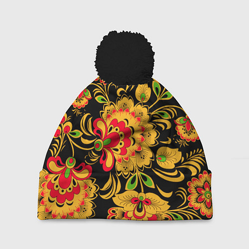 Шапка c помпоном Хохлома - роспись / 3D-Черный – фото 1