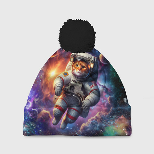 Шапка c помпоном Котик бравый космонавт - неон / 3D-Черный – фото 1
