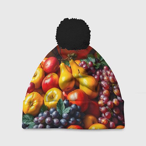 Шапка c помпоном Фруктовый натюрморт / 3D-Черный – фото 1