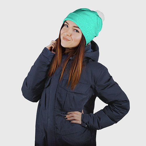 Шапка c помпоном Лабиринтовый паттерн с иероглифами на бирюзе / 3D-Белый – фото 2