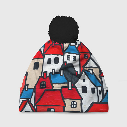 Шапка c помпоном Красные и белые домики / 3D-Черный – фото 1