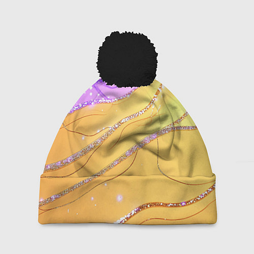 Шапка c помпоном Фиолетово-золотая текстура с блестяшками / 3D-Черный – фото 1