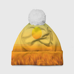 Шапка с помпоном Закат над пшеничным полем, цвет: 3D-белый