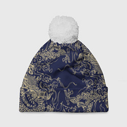 Шапка с помпоном Золотые драконы на синем, цвет: 3D-белый