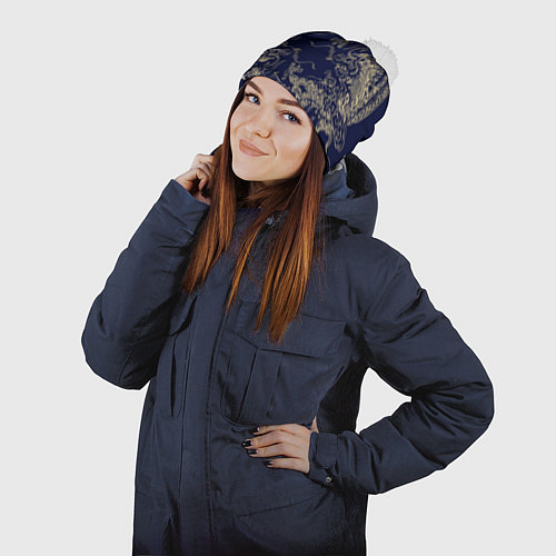 Шапка c помпоном Золотые драконы на синем / 3D-Белый – фото 2