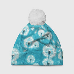 Шапка с помпоном Белые одуванчики на бирюзовом фоне, цвет: 3D-белый