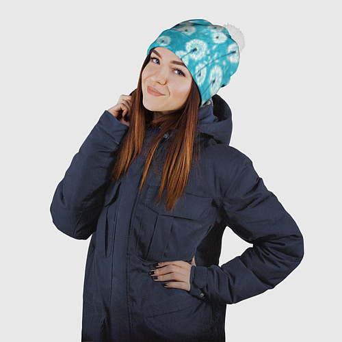 Шапка c помпоном Белые одуванчики на бирюзовом фоне / 3D-Белый – фото 2