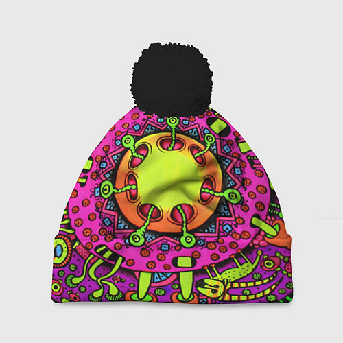 Шапка c помпоном Кислотные грибы оптические / 3D-Черный – фото 1