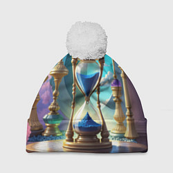Шапка с помпоном Абстрактные песочные часы с синим песком, цвет: 3D-белый