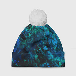 Шапка с помпоном Абстракция - blue-green paint spill, цвет: 3D-белый