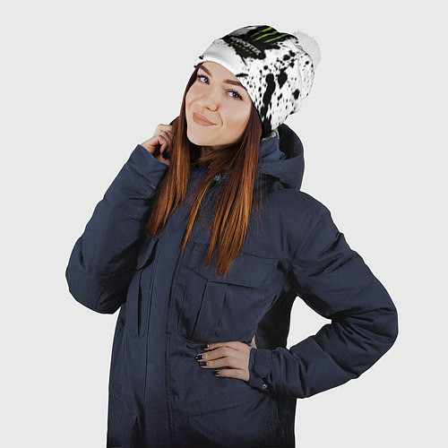 Шапка c помпоном Monster energy брызги красок / 3D-Белый – фото 2