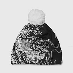 Шапка с помпоном Белый дракон на черном, цвет: 3D-белый