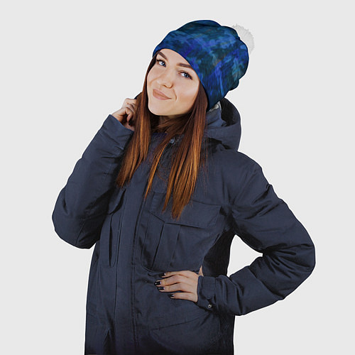 Шапка c помпоном Абстракция - blue uniform camouflage / 3D-Белый – фото 2