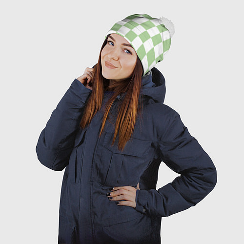 Шапка c помпоном Квадраты зелёные / 3D-Белый – фото 2