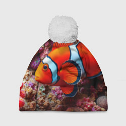Шапка с помпоном Рыбка клоун в кораллах, цвет: 3D-белый