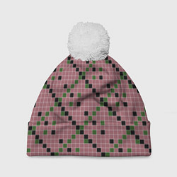 Шапка c помпоном Коричневая с черным и зеленым плитка