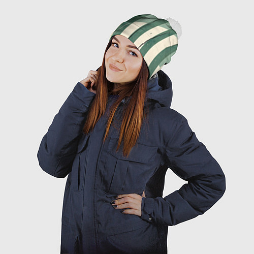 Шапка c помпоном Зеленые полосы / 3D-Белый – фото 2