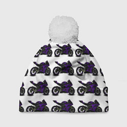 Шапка с помпоном The motorcycle is dark purple, цвет: 3D-белый