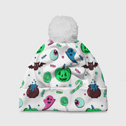 Шапка с помпоном Halloween light green pumpkin - паттерн, цвет: 3D-белый