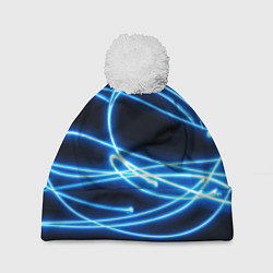 Шапка с помпоном Неоновые голубые волны на черном фоне, цвет: 3D-белый