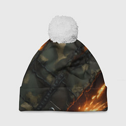 Шапка c помпоном Разорванный камуфляж с огнем