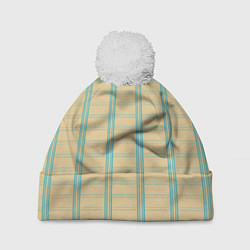 Шапка c помпоном Color beige cage light blue stripes