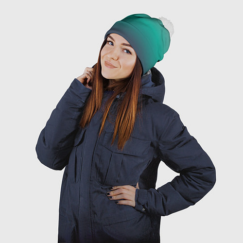 Шапка c помпоном Градиент серо-зеленый / 3D-Белый – фото 2