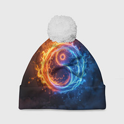 Шапка с помпоном Инь ян огонь и лёд, цвет: 3D-белый