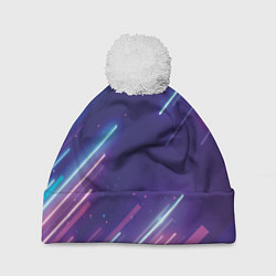 Шапка с помпоном Абстракция бело синие красные полосы, цвет: 3D-белый