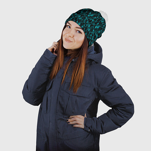 Шапка c помпоном Голубой с черным абстрактный узор / 3D-Белый – фото 2