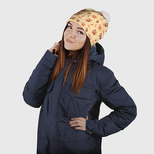 Шапка c помпоном Хеллоуин с тыквой и листьями / 3D-Белый – фото 2