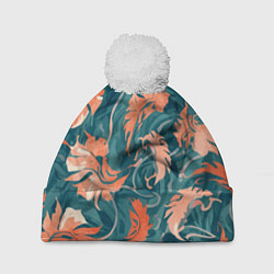 Шапка с помпоном Рыже-бирюзовый паттерн с осенними листьями, AI, цвет: 3D-белый