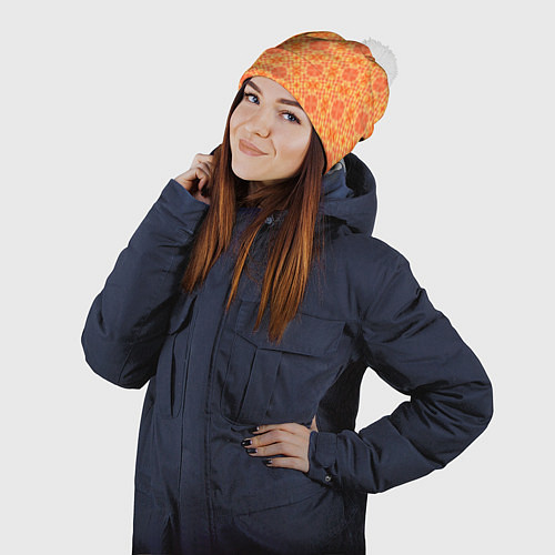 Шапка c помпоном Цветочный узор янтарный / 3D-Белый – фото 2