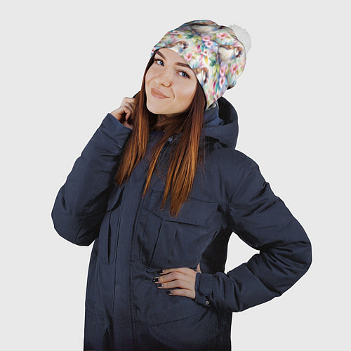 Шапка c помпоном Воробей в ярких цветах паттерн / 3D-Белый – фото 2