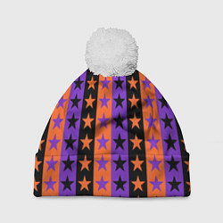 Шапка с помпоном Звёзды Хэллоуина паттерн полосатый, цвет: 3D-белый