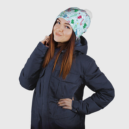 Шапка c помпоном Новогодний паттерн / 3D-Белый – фото 2