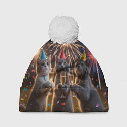Шапка с помпоном Праздничные коты, цвет: 3D-белый