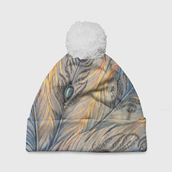 Шапка с помпоном Синие перья с самоцветами, цвет: 3D-белый