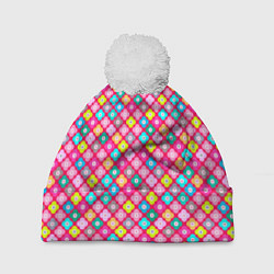 Шапка c помпоном Разноцветный цветочный узор ретро